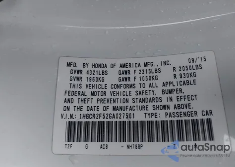 2016 Honda Accord Sport from USA, damaged, VIN 1HGCR2F52GA027501